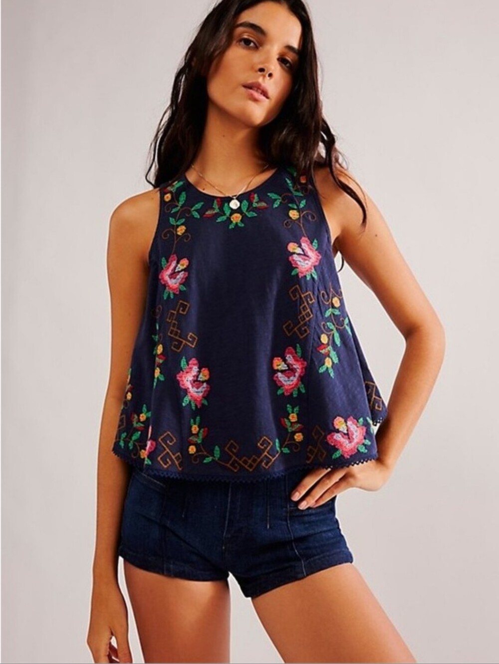 Free People Fun And Flirty Navy Embroidered Floral Tank